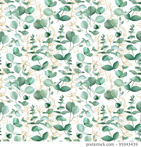 Seamless watercolor pattern with eucalyptus leaves and golden shining elements on a white background. Background for wedding, invitation, wallpaper, textile, wrapping paper. Seamless watercolor pattern with eucalyptus leaves and golden shining elements on a white background. Background for wedding, invitation, wallpaper, textile, wrapping paper. 95043439