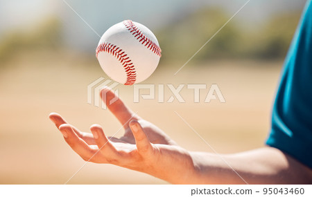 Sports athlete catch baseball with hand on playing game or training practice match for exercise or cardio at stadium field. Young man, fitness and softball athlete with successful strong pitching arm 95043460