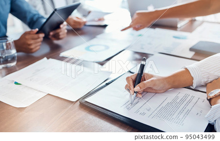 Hand of business people sign contract at meeting after negotiation for b2b agreement or corporate partnership deal. Collaboration, teamwork and hands of team analyzing company financial profit data Hand of business people sign contract at meeting after negotiation for b2b agreement or corporate partnership deal. Collaboration, teamwork and hands of team analyzing company financial profit data 95043499