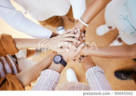 Community, support and diversity with hands of friends on travel or vacation for goals, team building and collaboration. Motivation, vision and networking with group of people in a circle for trust 95043502