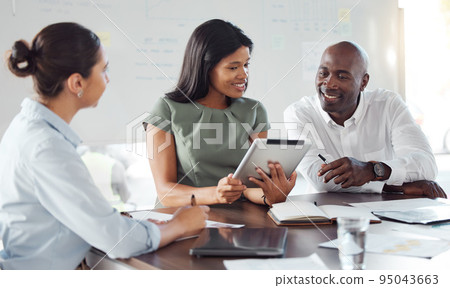 Tablet and b2b business people or clients in meeting discussion to check website design, finance budget at marketing agency. Corporate manager smile for digital seo data or project management success Tablet and b2b business people or clients in meeting discussion to check website design, finance budget at marketing agency. Corporate manager smile for digital seo data or project management success 95043663