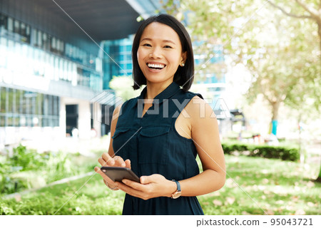 Business woman and asian portrait with smartphone for outdoor break at office building in Japan. Corporate Japanese girl with smile enjoying mobile social media leisure with 5g connection. 95043721