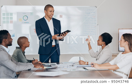 Leadership, boss and business man presentation with proud leader training and coaching diverse team. Mentor, motivation and speaker answer question, giving feedback and improvement strategy in office 95043746