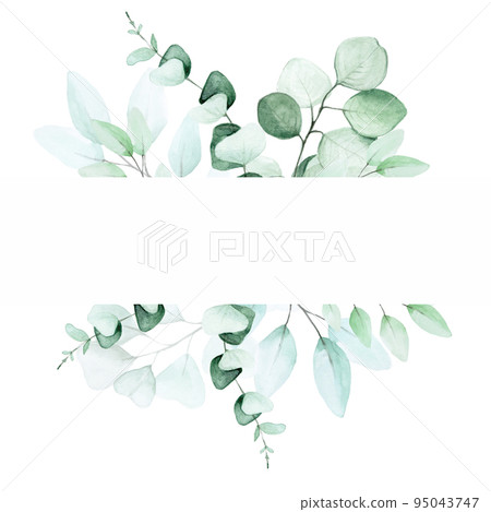stock illustration watercolor drawing. frame of eucalyptus leaves. decoration for cards, wedding invitations. space for text 95043747