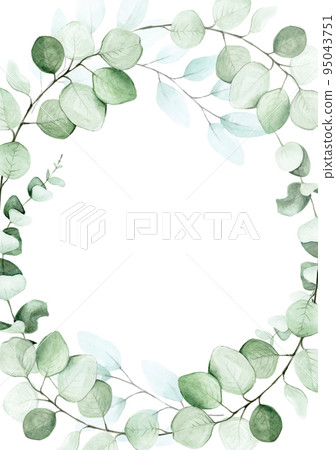 hand drawing round frame of eucalyptus leaves. graphic design element for wedding, greeting card, cosmetics label. space for text hand drawing round frame of eucalyptus leaves. graphic design element for wedding, greeting card, cosmetics label. space for text 95043751