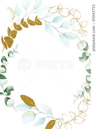 stock illustration round frame of eucalyptus leaves. drawing watercolor and glitter gold. Graphic design ornament for wedding, greeting card isolated on white background. place for text stock illustration round frame of eucalyptus leaves. drawing watercolor and glitter gold. Graphic design ornament for wedding, greeting card isolated on white background. place for text 95043752