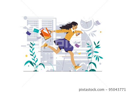 Girl run in hurry to work, looking for the watch and run Girl run in hurry to work, looking for the watch and run 95043771