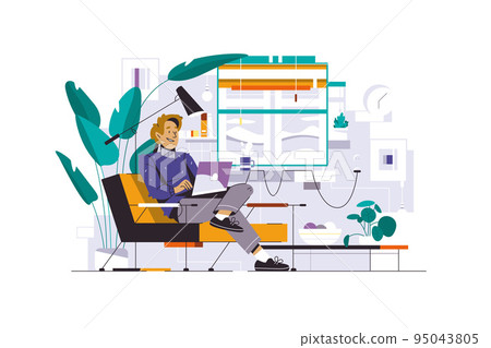 Man sitting on sill with laptop near the window Man sitting on sill with laptop near the window 95043805