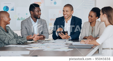 Teamwork, finance data and marketing meeting or advertising people on tablet in office with paperwork. Research, communication and strategy of corporate business workers with ideas planning together. 95043838