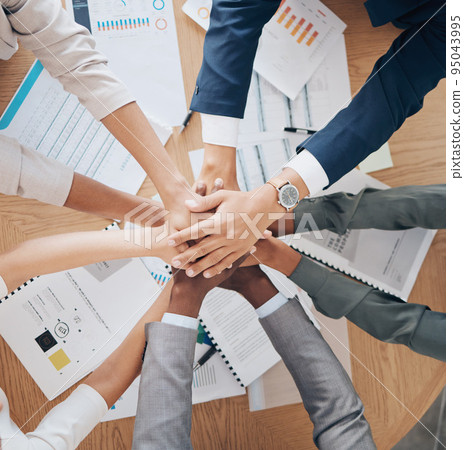 Office hands work on paperwork together, showing corporate cooperation and healthy community culture to reach business goals. Success is collaboration through teamwork, innovation and positivity 95043995