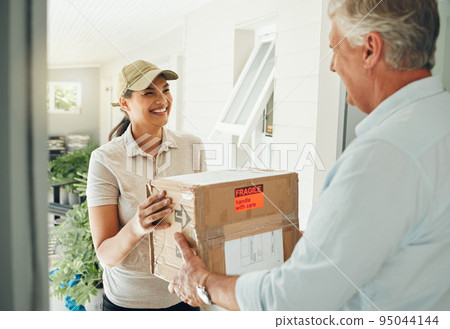 Delivery, courier service and people with box for safe, care and easy distribution in e commerce, shipping industry. Cardboard package, worker woman and house man at front door for stock supply chain Delivery, courier service and people with box for safe, care and easy distribution in e commerce, shipping industry. Cardboard package, worker woman and house man at front door for stock supply chain 95044144