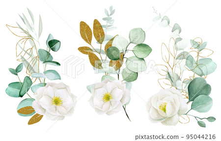 watercolor drawing. A set of bouquets of white flowers and eucalyptus leaves with glitter golden shiny elements. clipart decorations for weddings, cards, invitations. rose hips and eucalyptus leaves 95044216
