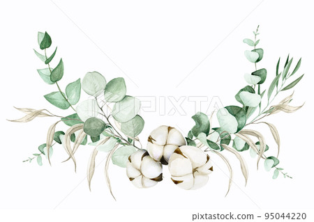 watercolor drawing. vignette, round frame, made of cotton flowers and eucalyptus and willow leaves. graphic design element isolated on white background for decorating weddings, weddings, invitations watercolor drawing. vignette, round frame, made of cotton flowers and eucalyptus and willow leaves. graphic design element isolated on white background for decorating weddings, weddings, invitations 95044220