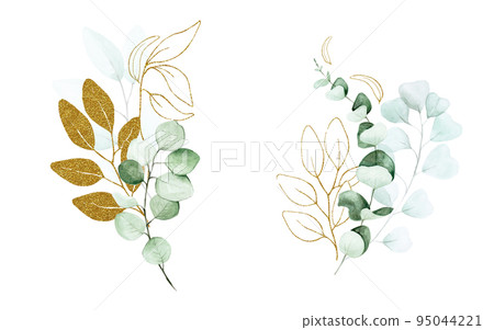 stock illustration set of eucalyptus leaves painted with watercolor and glitter shiny gold. Set for wedding graphic design, decoration greeting card, wrapper, textile. stock illustration set of eucalyptus leaves painted with watercolor and glitter shiny gold. Set for wedding graphic design, decoration greeting card, wrapper, textile. 95044221