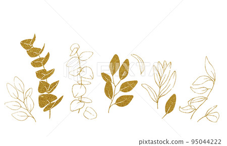 stock illustration contours of eucalyptus and olive leaves in gold glitter. set of golden leaves graphic design element. minimalistic graphic drawing isolated on white background 95044222