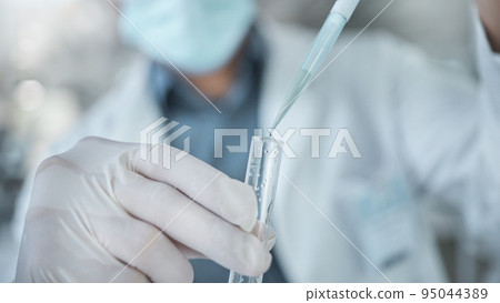 Laboratory man, hands and test tube dropper in medical research, cancer study or healthcare medicine innovation in covid insurance. Zoom on scientist or vaccine worker with science pipette equipment Laboratory man, hands and test tube dropper in medical research, cancer study or healthcare medicine innovation in covid insurance. Zoom on scientist or vaccine worker with science pipette equipment 95044389