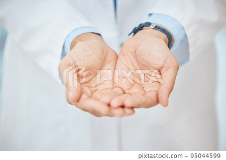 Charity, empty hands and asking donation for a medical procedure, surgery and healthcare by doctor. Health professional holding mockup medical object for copy space, advertising and marketing 95044599