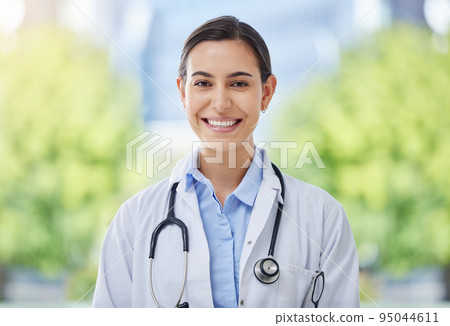 Motivation, vision and healthcare by doctor smile and relax at hospital, proud of career success and goal. Innovation, medical and help by health care professional in Mexico, ready medical discovery 95044611