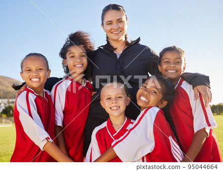Football sports coach, girl and teamwork for motivation, support and exercise at competition, game on a field. Portrait of soccer athlete group, coaching and training for win success at sport academy 95044664