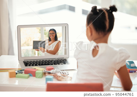 Girl, laptop and education with girl and teacher on video call, distance learning and homeschool online lesson. Learning, class and child enjoy math activity with friendly tutor at table in her home Girl, laptop and education with girl and teacher on video call, distance learning and homeschool online lesson. Learning, class and child enjoy math activity with friendly tutor at table in her home 95044761
