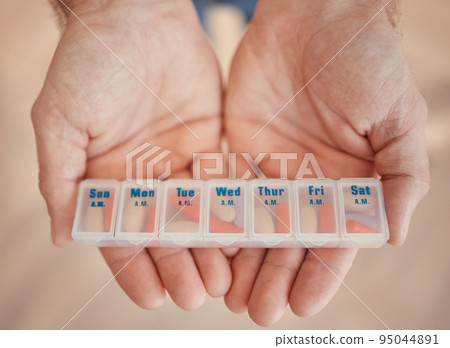 Pills, medicine and container in hands to schedule for health, wellness and treatment of body. Medication, tablets and reminder for organizing pharmaceutical product for elderly patient routine 95044891