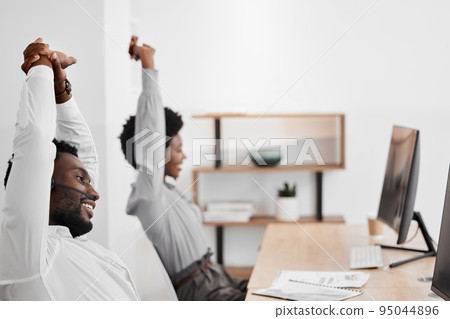Stretching, call center and customer service people with computer in contact us support and crm consulting office. Happy smile, man or motivation black woman ready to help telemarketing communication Stretching, call center and customer service people with computer in contact us support and crm consulting office. Happy smile, man or motivation black woman ready to help telemarketing communication 95044896