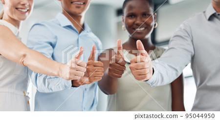 Success, collaboration and team thumbs up of diversity group of office workers happy in a office. Business smile, employee teamwork and yes hands gesture and community work support and thank you Success, collaboration and team thumbs up of diversity group of office workers happy in a office. Business smile, employee teamwork and yes hands gesture and community work support and thank you 95044950