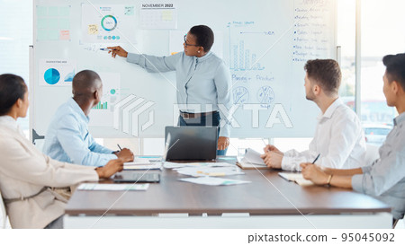 Collaboration, leadership and strategy by business leader reading and discuss data and statistics during presentation. Vision, innovation and planning by corporate woman leading diverse team project Collaboration, leadership and strategy by business leader reading and discuss data and statistics during presentation. Vision, innovation and planning by corporate woman leading diverse team project 95045092