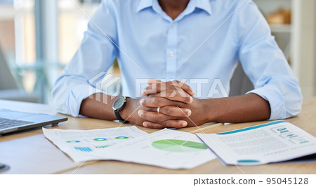 Businessman hands, paperwork data graphs and planning annual report, research and office budget. Closeup of marketing documents, strategy chart and analytics progress with financial economy stats 95045128