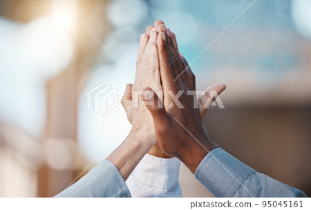 High five hands, support and success of team building, trust and collaboration of goals, vision and target. Closeup business teamwork celebration, motivation and winner group in partnership mission 95045161