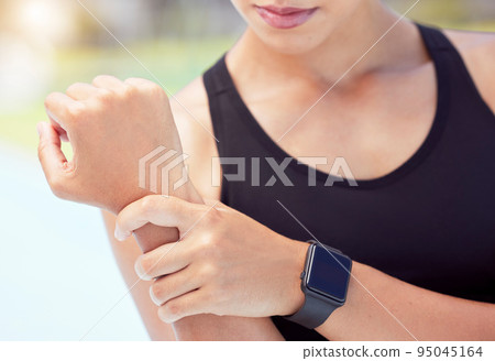 Woman wrist injury, hand pain and training accident from outdoor running, fitness and exercise. Health risk, arthritis and muscle pain of female sports runner, broken bones and emergency body problem 95045164