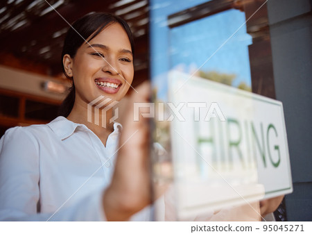 Hiring, recruitment and coffee shop with a woman small business owner hanging a sign in her window. Cafe, startup and management with a female entrepreneur ready to interview staff for a job opening 95045271