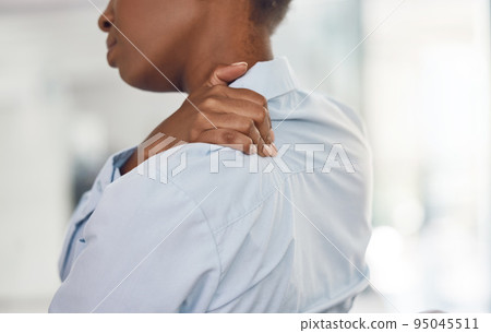 Corporate woman and shoulder pain injury inflammation and backache problem with back view. Business person with chiropractic disorder holding muscle to touch physical pressure in joint. Corporate woman and shoulder pain injury inflammation and backache problem with back view. Business person with chiropractic disorder holding muscle to touch physical pressure in joint. 95045511
