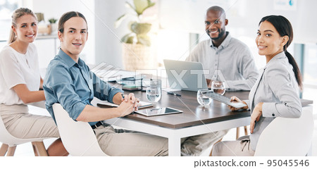 Collaboration, team meeting and diversity with business people sitting at a boardroom table for planning, motivation and marketing management. Portrait of teamwork, training and happy crm employees Collaboration, team meeting and diversity with business people sitting at a boardroom table for planning, motivation and marketing management. Portrait of teamwork, training and happy crm employees 95045546