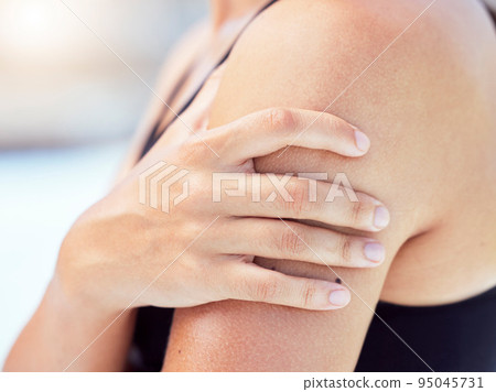 Arm injury, shoulder pain and muscle problem of woman, sports and athlete training, workout and exercise. Closeup person hands, physical therapy for body fracture accident and emergency health risk 95045731