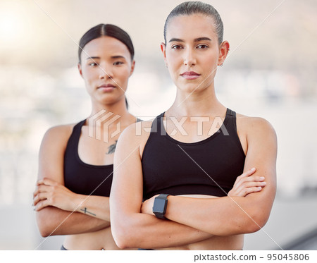 Fitness women, workout friends and exercise during athlete training, running and health goals while looking serious and ready outside. Portrait of female wellness partners together for accountability 95045806