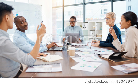 Business meeting, collaboration or teamwork diversity in office boardroom, company or startup with paper and documents. Men, women or people in global strategy, innovation or motivation communication 95045974