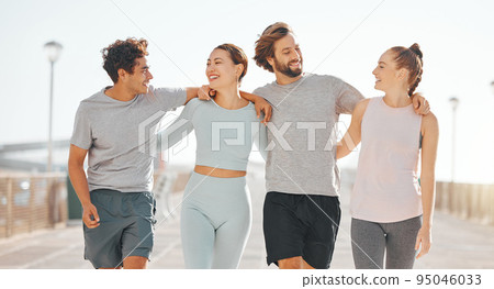 Fitness, exercise and friends or accountability partners together for wellness and health while walking together outside. Happy men and women on double date for run or training to stay fit and active Fitness, exercise and friends or accountability partners together for wellness and health while walking together outside. Happy men and women on double date for run or training to stay fit and active 95046033