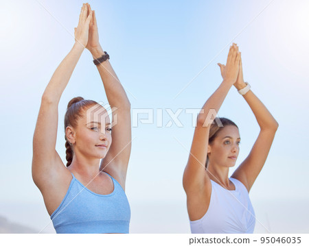 Women, yoga and meditation in nature for relax workout, training and exercise for mental health. Zen friends, peace or chakra fitness people in pilates sports for holistic wellness energy and mindset 95046035