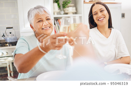 Champagne, old woman and toast pov of person with grandmother and daughter in home kitchen. Cheers, celebration and smile with alcohol glass, beverage or wine drink cheer at party or family gathering 95046319