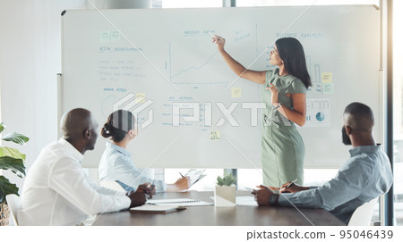 Businesswomen uses whiteboard for presentation of research, strategy and vision to colleagues to grow their company. Using her leadership skills, she speaks to other employees to give a sales talk Businesswomen uses whiteboard for presentation of research, strategy and vision to colleagues to grow their company. Using her leadership skills, she speaks to other employees to give a sales talk 95046439