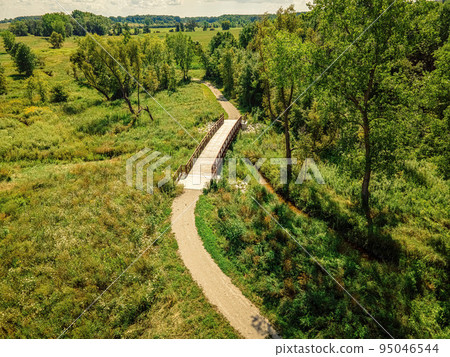 Aerial over wisconsin summer walking trail Aerial over wisconsin summer walking trail 95046544