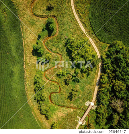 Aerial over wisconsin summer walking trail Aerial over wisconsin summer walking trail 95046547