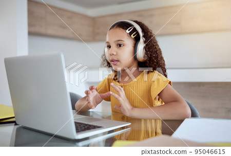 Girl, laptop and video call online for learning, education or study in her home. Child, computer and desk on video conference for education, communication or school on the internet in her house Girl, laptop and video call online for learning, education or study in her home. Child, computer and desk on video conference for education, communication or school on the internet in her house 95046615