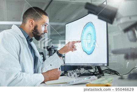 Brain development, lab research and scientist working on analysis of scan for healthcare science on a computer at work. Medical doctor doing innovation for future of medical neuroscience on pc 95046629