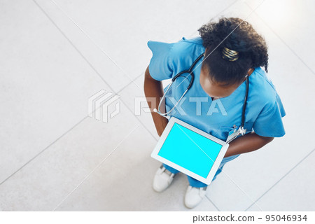 Tablet, green screen and doctor or nurse for hospital app advertising, online software marketing or telehealth clinic management. Black woman healthcare worker on digital IT technology mock up above Tablet, green screen and doctor or nurse for hospital app advertising, online software marketing or telehealth clinic management. Black woman healthcare worker on digital IT technology mock up above 95046934