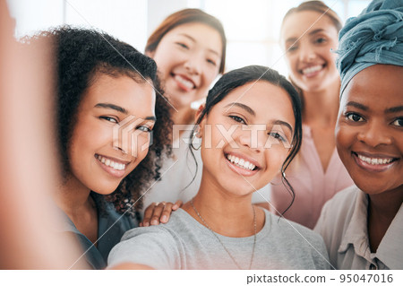 Diversity business women in selfie with smile for success, motivation and happiness with teamwork for company social media content. Young group of people or influencer in female empowerment portrait 95047016