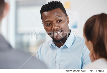 Business coach, management and a black man in meeting with team. Strategy, planning and teamwork, a businessman coaching men and women at startup. Leadership, working and brainstorming in the office. Business coach, management and a black man in meeting with team. Strategy, planning and teamwork, a businessman coaching men and women at startup. Leadership, working and brainstorming in the office. 95047061