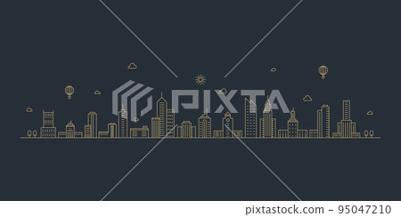 Cityscape. Modern flat line landscape vector. City landscape line art illustration with building, tower, skyscrapers. Vector illustration. 95047210
