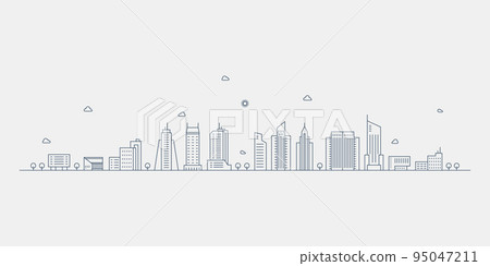 Cityscape. Modern flat line landscape vector. City landscape line art illustration with building, tower, skyscrapers. Vector illustration. Cityscape. Modern flat line landscape vector. City landscape line art illustration with building, tower, skyscrapers. Vector illustration. 95047211